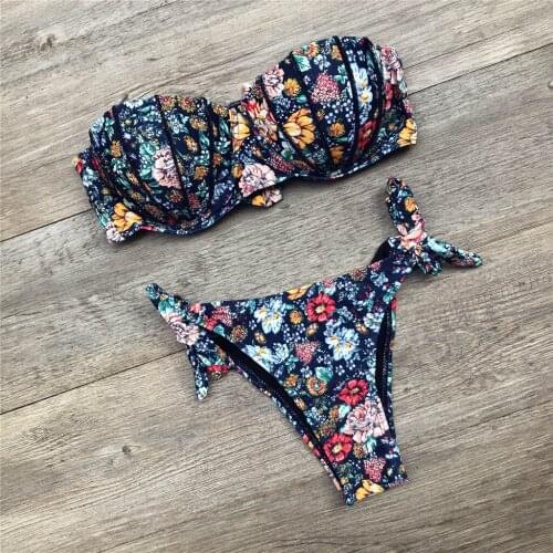 Fashion Swimwear Women 2021 Sexy Floral Print Swimwear Breast Pad Swimwear Split Bathing Swimsuit Micro Bikini Tube Top Swimsuit