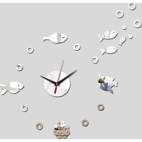 New 3d home decoration Acrylic Quartz Digital Mirror watch wall stickers diy fish clock living room clocks
