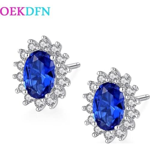 OEKDFN Vintage 100% 925 Sterling Silver Stud Earrings Sparkling Oval Royal Blue Sapphire Gemstone Party Ear Stud Fine Jewelry
