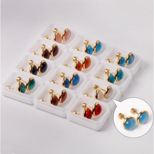 12 Pairs 316L Stainless Steel Round Opal Earring Bijoux Female Vintage Jewelry 10mm Screw Back Stud Earrings Wholesale Party