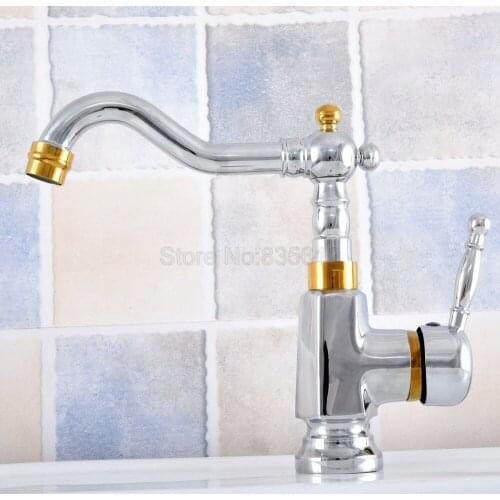 Polished Chrome & Gold Color Brass Bathroom Vessel Sink Faucet Single Handle Swivel Spout Mixer Tap Single Hole tsf802