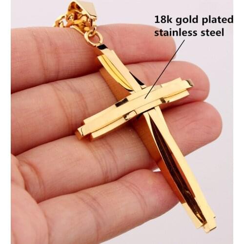Gold Plated Stainless Steel Cross For Men Pendant Top Polished Necklace Pendant With Free 4mm Curb Cuban Link Chains 24inch