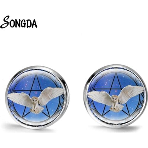 Triple Moon Goddess Wiccan Earrings for Women Girl Pentagram Five-pointed Star Pattern Glass Cabochon Stud Earring Witch Jewelry