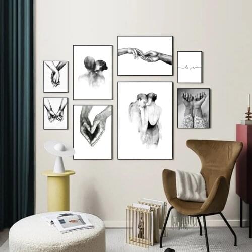 Nordic Black And White Kiss Hand in Hand Love Quotation Simple Abstract Art Poster Furniture Living Room Decoration Painting