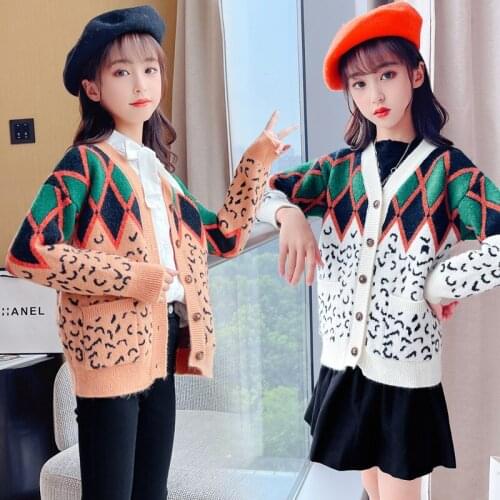 Teenage Girls Cardigans Sweaters Girl Knitted Outerwear Jacket Spring Autumn V-neck Cotton Print Children Sweaters White Orange