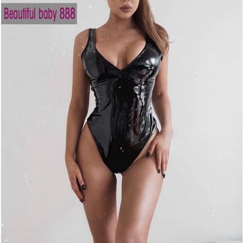 Meqeiss spring black Leather sexy Party women bodysuit summer club Solid sleeveless Office Ladies Elegant Basic stretch jumpsuit