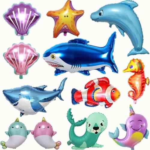 Ocean World Holiday Birthday Party Decoration Childrens Inflatable Toy Dolphin Shark Sea Horse Big Fish Aluminum Film Balloon