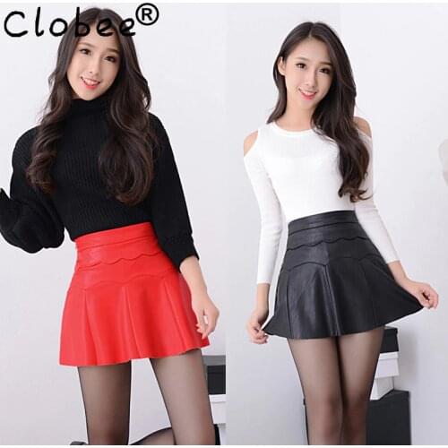 New 2021 Russia Fashion Black Red high quality leather Skirt Women Vintage High Waist Pleated Skirt Female Short Skirts