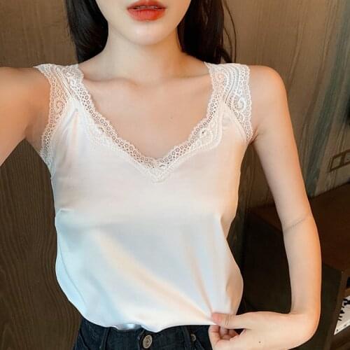 Womens Satin Summer Tops White For Women 2020 V Neck Plus Size XXXXL Sleeveless Lace Tank Tops Summer Female Silk Backless Top