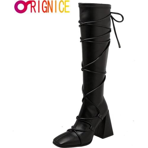 Orignice New Arrival Women High Knee Boots Sweet Sexy Lace Up Fashion Square Toe Autumn Winter Block Heels Shoes Size 34-41