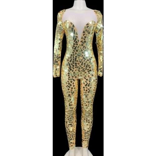 Female Bar Singer Dancer Shining Stage Costume Red Mirrors Transparent Jumpsuit Women Prom Party Birthday Celebrate Outfit
