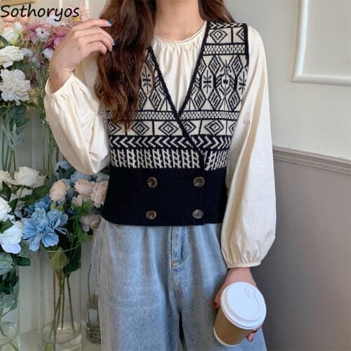Preppy Patchwork Sweater Vests Women V-neck All-match Cropped Simple Ins Chic Tender Knitwear Female Mature Sleeveless Outerwear