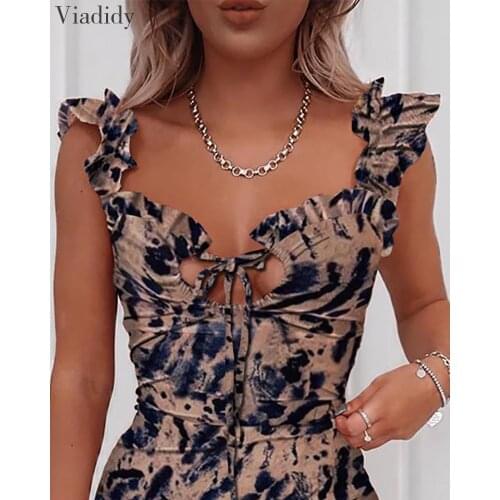 Women Print Tie Front Bodycon Dress Deep V Neck Sleeveless Ruffles Print Mini Dress