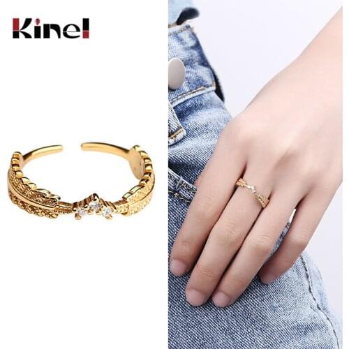Kinel 925 Sterling Silver Leaf Zircon Ring for Women Open 18K Gold Plated Korea Fashion Wedding Jewelry Gift