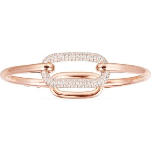 SLJELY Luxury Solid 925 Sterling Silver Pink Chain Link Bangle Micro White Cubic Zirconia Stones Bracelet for Women Rock Jewelry