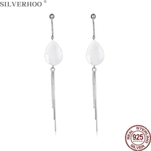 SILVERHOO Sterling Silver 925 Jewelry Tassel Drop Earrings Women Trendy Water Drop Ceramics Earring Elegant Female Party Gift