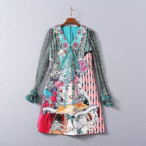 And American womens European wear 2021 winter new style Lace long sleeve V-neck cartoon jacquard print Fashionable dress