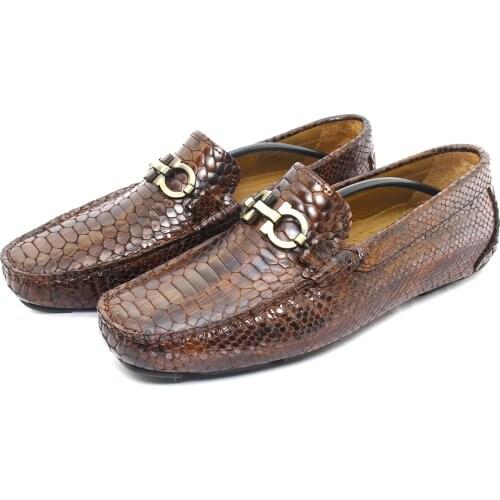 Handmade Loafers with High Quality Realistic Flaked Snake Skin Pattern, Brown Calf Leather, Mens Luxury Shoes, Spring 2021