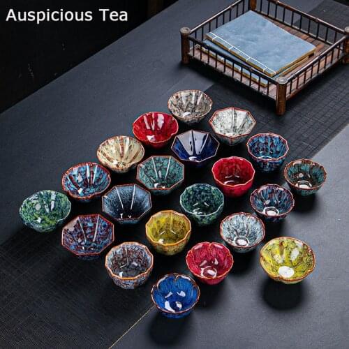 Multicolor Kiln Fambe Teacup Travel Personal Meditation Cup Handmade Temmoku Glaze Ceramic Tea Bowl Puer Master Cup Tea Ceremony