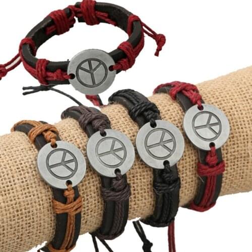 Fashion Peace Genuine Leather Bracelet for Women Men Adjustable Retro Charm Wrap Bangle Wristbands Casual Vintage Unisex Jewelry