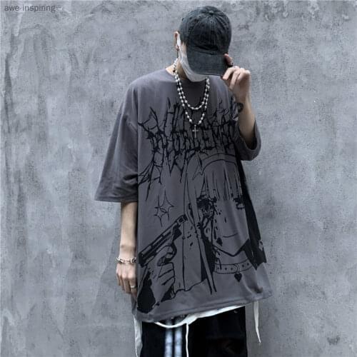 Ins Tide Brand Dark Anime Printing Short-sleeved T-shirt Summer Plus Size Top Five-point Sleeve Men and Women Fashion