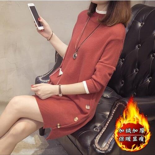 New Fashion 2021 Women Autumn Winter Long Sweater Pullovers Dress Plus Velvet Thick Casual Warm Knitted Clothes Warm Tops Female