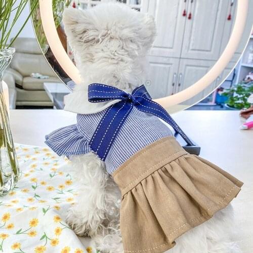New Fashion Luxury Pet Dog Striped Dresses Cat Costume Two-legged Cute Blue Bow Skirt Princess Dress Puppy Clothes Girl