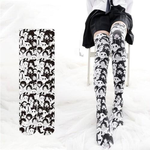 Original Design Comic Character Face Cute White Cartoon Print Over-knee Stockings Velvet Women Girls Harajuku