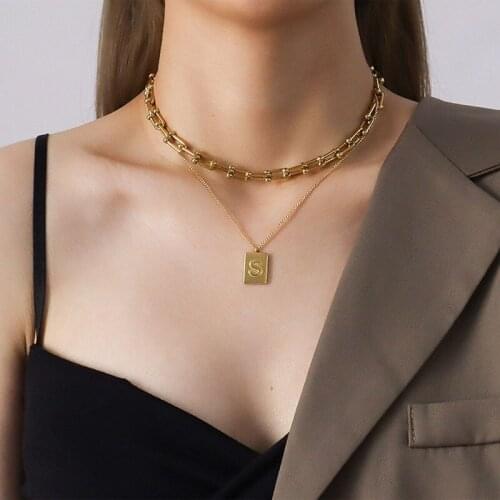 Ins Brass Initial Letter Name Square Pendant Necklace Luxury Brand Gold Color Fashion Jewelry For Women