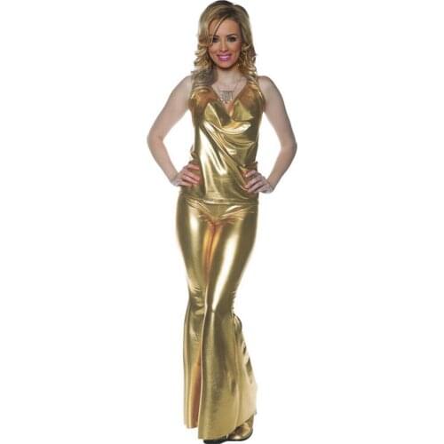 Plus Size Novelty Glitter Costume Women Sexy Dancing Set Sleeveless V-Neck Metallic Top With Elastic Waist Long Flare Pants