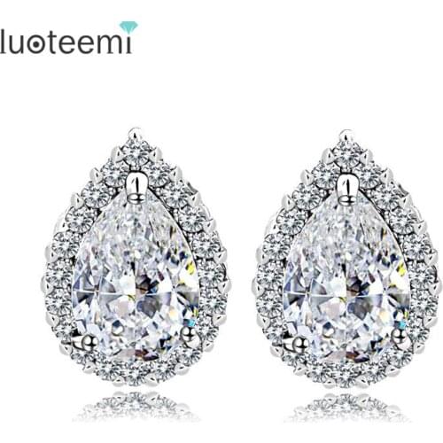LUOTEEMI Luxury Design Wedding Bridal Teardrop Cubic Zirconia Crystal Stud Earrings Sexy Ladies Elegant Ear Wear Accessories