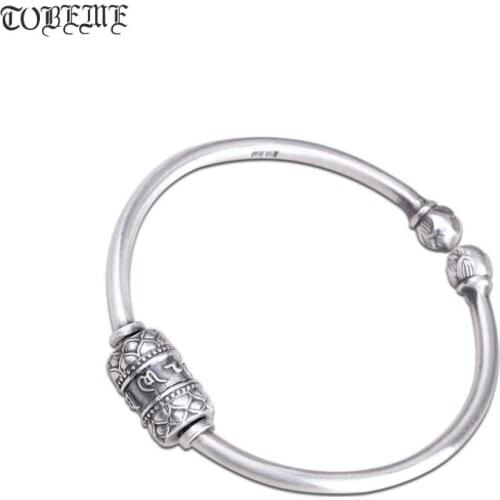 Handmade 999 Silver Tibetan Six Words Beaded Bangle Pure Silver Buddhist OM Cuff Bracelet Real Silver Good Luck Women Bangle