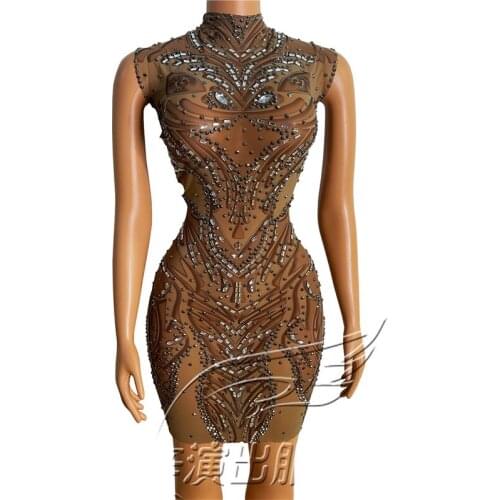 Sexy Nude Mesh Dress Singer Costume Sleeveless Crystal Nightclub Prom Stretch Dance Dress For Ladies Birthday Party Wear VDB3338