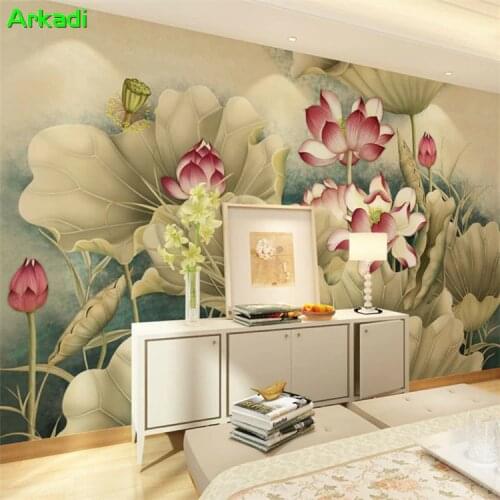 Modern Chinese ink lotus TV background wall painting art video wall decoration painting living room 5D8D wallpaper any size