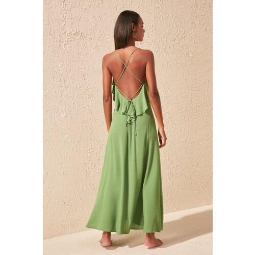 TRENDYOLMİLLA Green Backpack Detailed Viscose Beach Dress