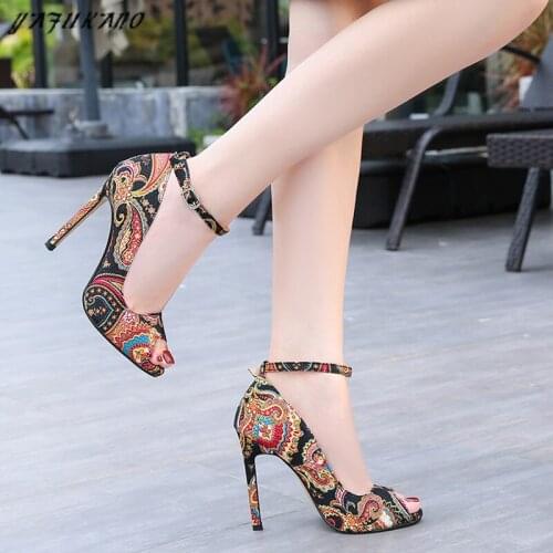 Sexy Cheongsam Catwalk High Heels Ethnic Style Printing Peep Toe Increase Stiletto Shoes Exquisite Ankle Strap Ladies Pumps 11cm