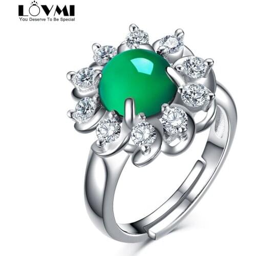 Classic Women Wedding Jewelry Accessories Emerald Gemstone 925 Silver Female Ring Resizable Flower Shaped Zircon Promise Rings