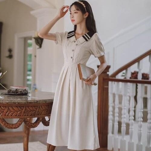 French Art Academy Style Dress Women Summer 2021 Double Lapel Sweet Elegant White Retro Dress Vestido de mujer