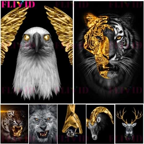 Golden Animal Art Lion Eagle Cheetah Elk Elephant Wall Art Canvas Painting Nordic Poster Wall Pictures Home Decor Unframed