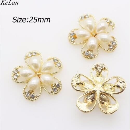 Fashion 10pcs Metal Craft 25 mm Flower Cluster Crystal Pearl Button Wedding Ribbon Invitation Jewelry parts