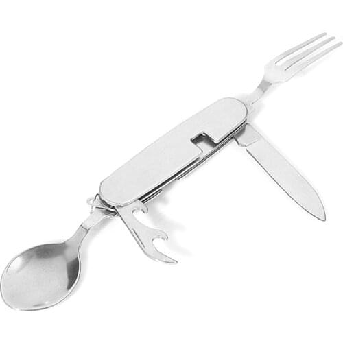 4 In 1 Camping Tableware Folding Spoon Fork Opener Knife Portable Stainless Steel Pocket Sets For Hiking Travel Survival