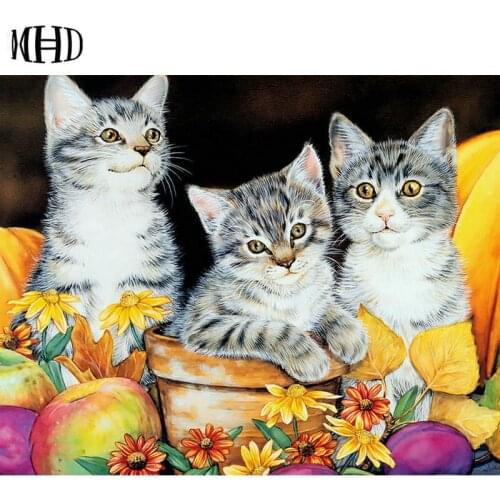 MHD New Drilling Animals 5D DIY Diamond Painting Full Square Round 3D Embroidery Diamond Cross Stitch Mosaic 3 Cats Flowers