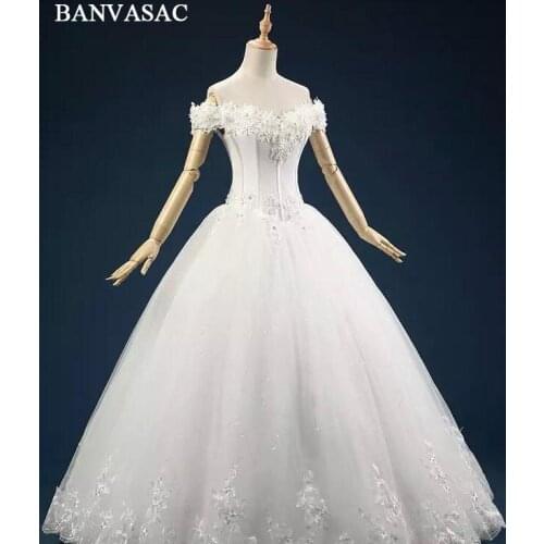 BANVASAC 2017 New Elegant Embroidery V Neck Wedding Dresses Short Sleeve Satin Crystals Lace Bridal Ball Gowns