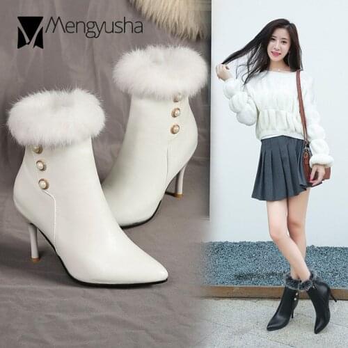 White furry leather boots women winter plush stiletto pointed toe pearl rabbit fur snow booties ladies big size 34-43 high heels