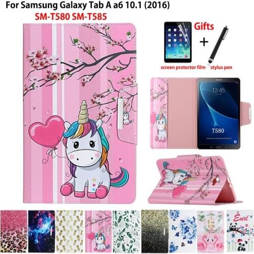 SM-T580 Case For Samsung Galaxy Tab A a6 10.1" 2016 T580 T585 SM-T585 Smart Cover Funda Cartoon Print Silicone PU Leather Shell