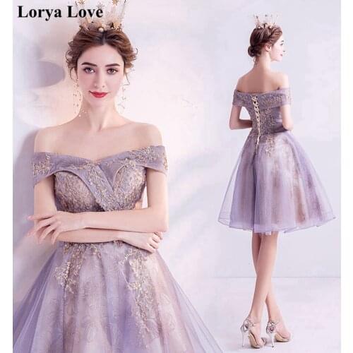 Elegant Violet Cocktail Dresses 2020 Graduation Appliques Off Shoulder A-Line Knee Length Tulle Short Prom Gown Homecoming Dress