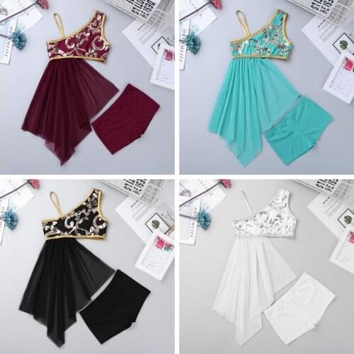 2Pcs Open Drap Skirt with Separated Bottom Set Sequins Side Waist Kids Girls Dance Dress for Lyrical Modern Dance Costumes