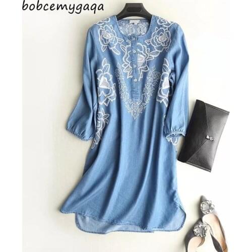 Embroidered Summer Denim Dress Women Light Blue O Neck Long Sleeve dress Loose Soft Jeans Shirt Dress Spring vestidos mujer