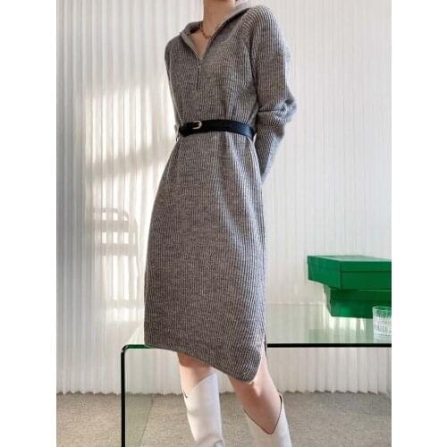 LMQ NEW Turtleneck Mid-Length Zipper Sweater Dress Women Autumn Winter Loose Tunic Knitted Casual Solid Dresses Thickened Base