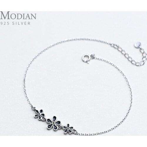 Modian Simple Vintage Design Enamel Flower Silver Anklet for Women Sterling Silver 925 Bracelet for Ankle and Leg Foot Jewelry